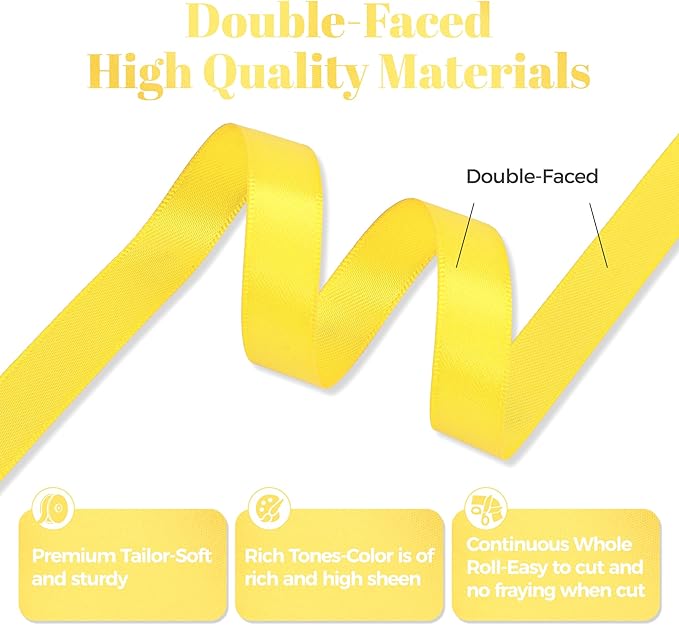 Daffodil Yellow Satin Ribbon, Double Faced 1/2 Inch X 25 Yards Daffodil Ribbon, Premium Satin Ribbon for Gift Wrapping, Crafts, Hair Bow Making, Sewing, Flower Bouquet, Wedding Party Decor