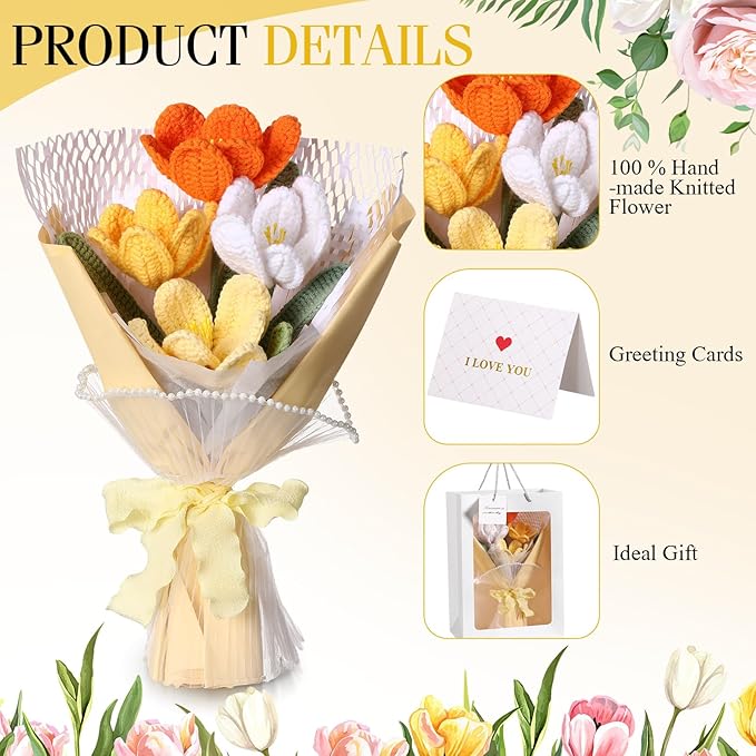 Crochet Flowers Bouquet Gift Christmas Crochet Flower Tulips Completed Handmade Knitted Bouquet with Card for Women Girlfriend Lover Appreciation Gift Birthday Wedding Teacher Decor(Orange)