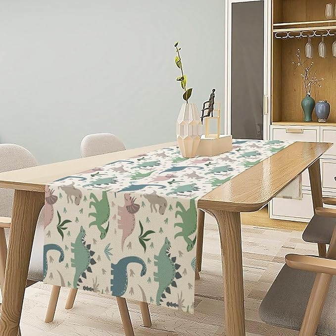 Cartoon Dinosaur Table Runner,Kids Boys Cute Colorful Animal Dino Abstract Print Tablecloth Burlap for Hotel Indoors Outdoor Dining Room Kitchen Holiday Party, 13x90in