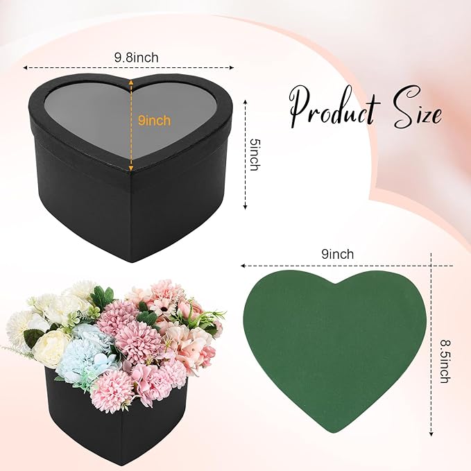 Nuenen Heart Shaped Flower Gift Boxes, Floral Gift Box with Lids Floral Foam Clear Cellophane 9.8 x 9 x 5 Inches for Birthday Wedding Proposal Packaging Arrangements(Black)