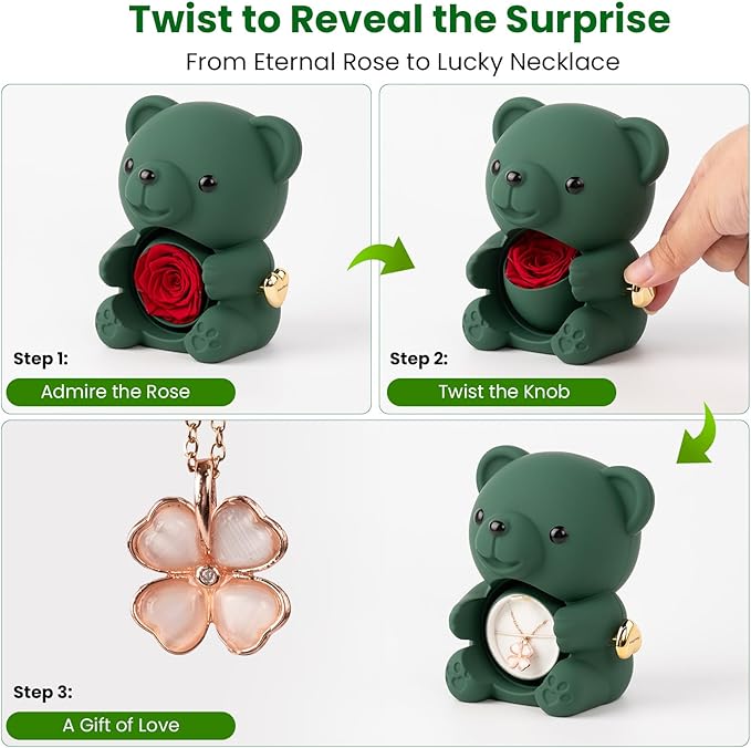 Cute Teddy Bear with Preserved Rose - A Real Rose Flower in Bear with Elegant Gift Box Romantic Gift for Mother's Day, Weddings, Anniversaries, Bridal (Green)