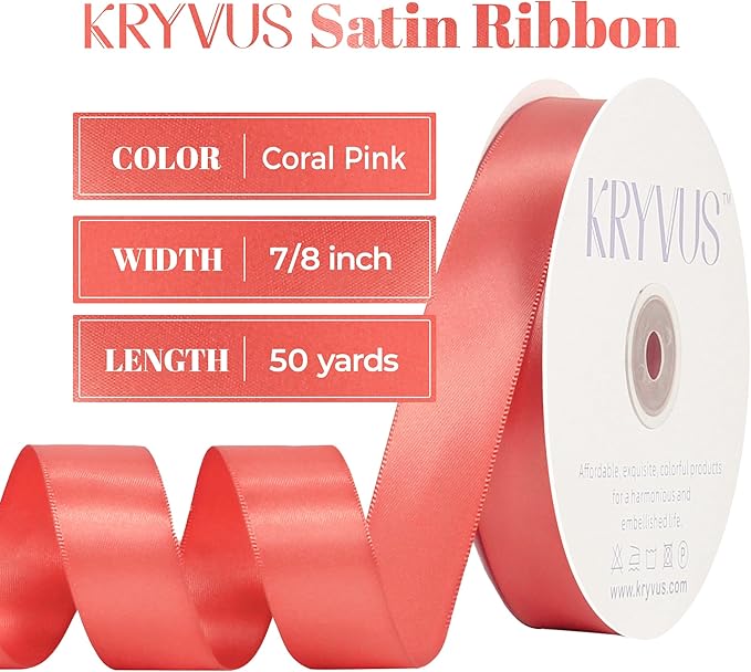 Coral Satin Ribbon, Double Faced 7/8 Inch X 50 Yards Coral Ribbon, for Gift Wrapping, Crafts, Hair Bow Making, Sewing, Flower Bouquet, Wedding Party Decor
