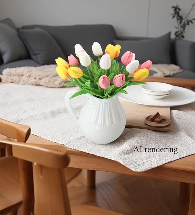 Artificial Flowers 10 Heads Mini Real Touch Artificial Tulip Multicolor Bouquet for Home Wedding Party Centerpiece Decoration (White&Orange&Pink)