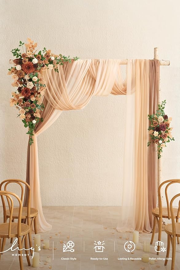 Ling's Moment Deluxe Wedding Arch Flowers with Sheer Drapes Kit - Artificial Walnut Brown Floral Arrangements for Ceremony Backdrop, Garden Arbor Decor, 5-Piece Set (2 Flower Stems + 3 Hanging Drapes)