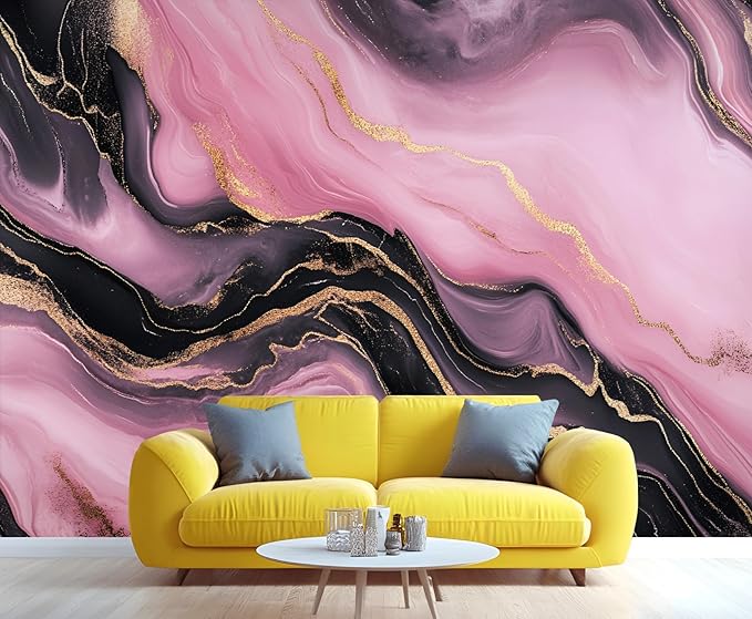 Pink Black Marble Wall Mural, Luxury Fluid Art 3D Wall Murals, Gold Vein Abstract Marble Wallpaper Mural, for Living Room Bedroom Large Wallpaper Indoor Decor 118" W x 82.6 "H