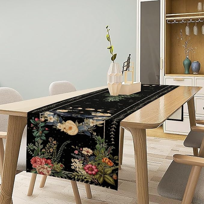 Gothic Moth Table Runner, Boho Vintage Floral Gothic Sun Moon Phase Mystical Witchy Farmhouse Coffee Table Center Decor for Home Kitchen Dining Patio Holiday Party Table Decorations 13x108 inches