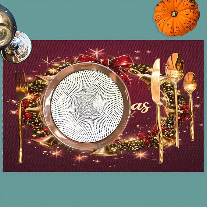 Xmas Christmas Bells Red Placemats Set of 6 PVC Vinyl Non Slip Table Mats Heat Resistant Place Mats Washable Wipeable Dining Table Mat for Kitchen Decor Party Indoor Outdoor Decorative Gift