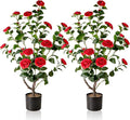 Artificial Camellia Tree,2Pack 3.2FT Faux Red Camellia Plants in Pots,Lifelike Artificial Flower Trees for Indoor Outdoor Home Decor,Realistic Blooming Faux Plants for Living Room Porch Patio Office