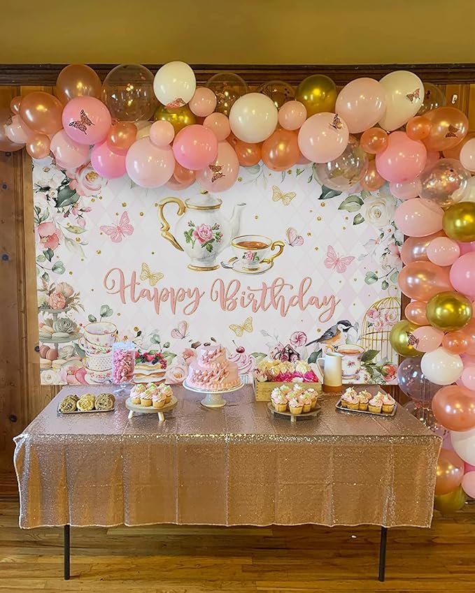 Mocsicka Tea Party Happy Birthday Backdrop Floral Dessert Tea Party Birthday Decorations Let's Partea Women Tea for Two Birthday Party Photo Props(7x5ft)