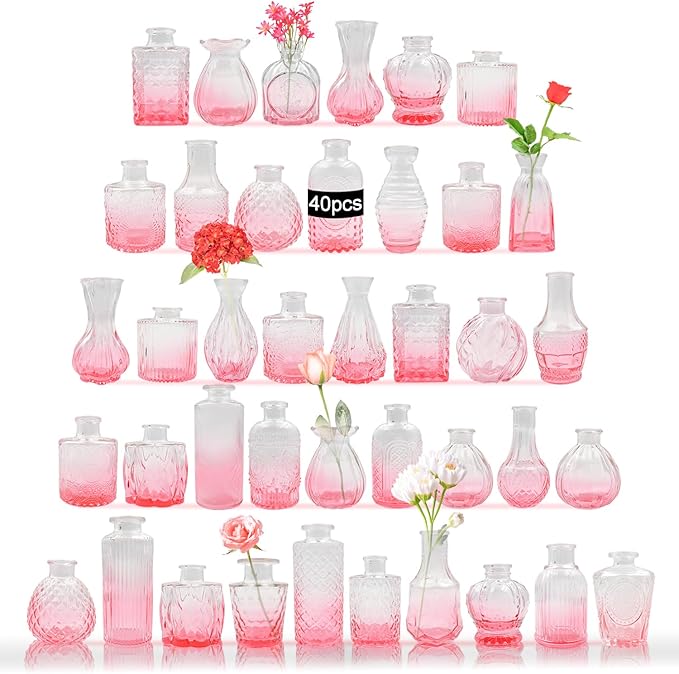 40 PCS Small Glass Bud Vases Set, Mini Flower Vases for Wedding Centerpiece, Table Decoration, Party & Festival Home Decor, Bulk Vintage Miniature Vases for Floral Arrangements, Pink