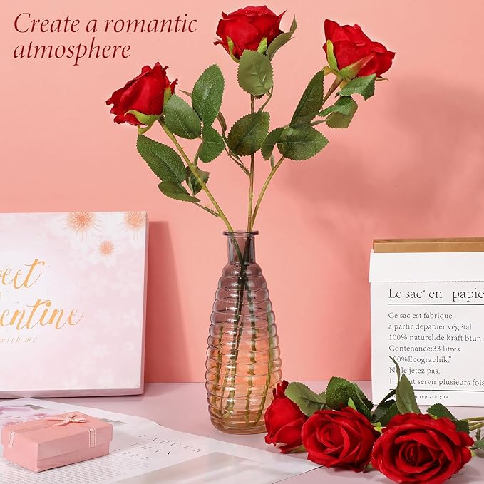 Hotop 20 Pcs Artificial Rose Flowers with Long Stem,Real Touch Silk Realistic Plastic Bouquet Roses Bulk for Home Decor Bridal Wedding Party Table Centerpieces Decorations(Red)