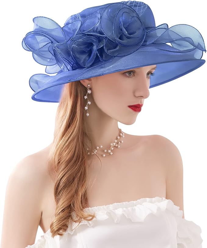 Organza Derby Hats for Women Wide Brim Fascinator Hat Rose Flower Wedding Tea Party Hat