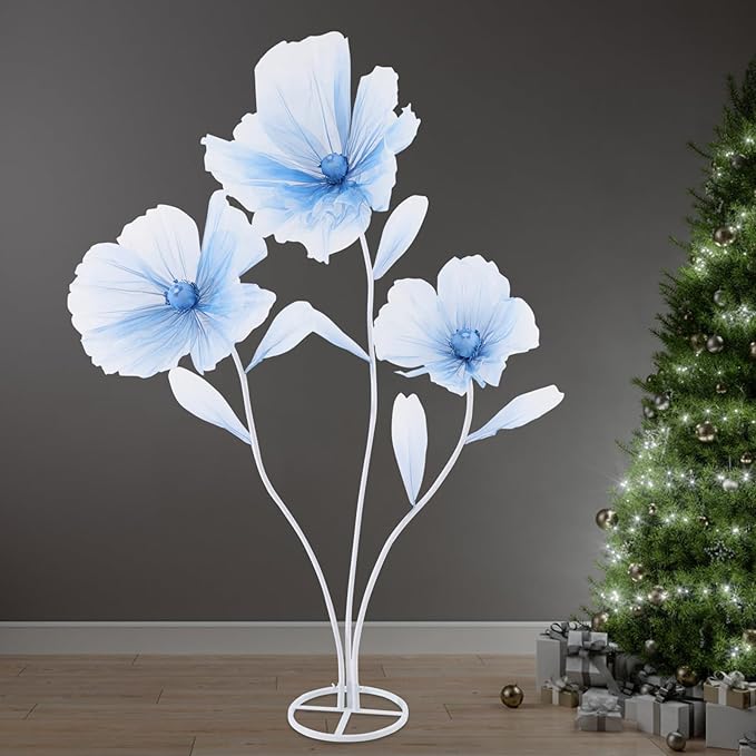 Giant Flowers for Decoration, Wedding Reception Essential, Large Artificial Silk Flower Set, 3-Head Giant Fake Flowers with Standing Stems and Base, 5.6ft Tall for Wedding & Home Decor (Blue)