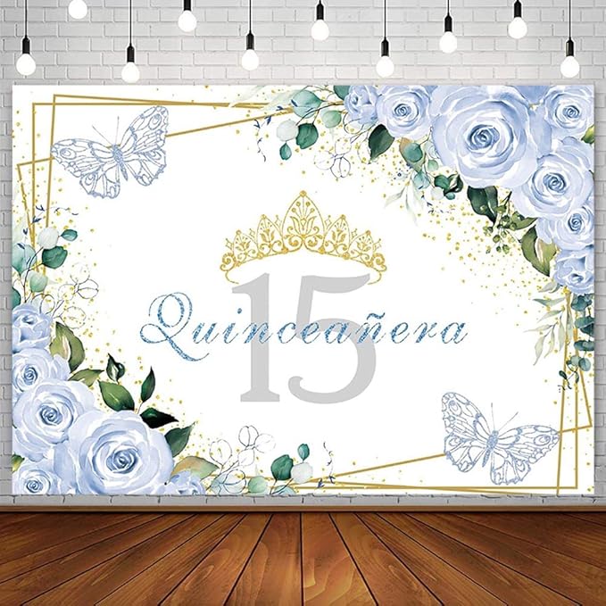 SENDY 7x5ft Quinceañera Backdrop Mis Quince 15 Anos Birthday Party Decoration Supplies for Girl Princess Blue Floral Butterfly Golden Crown Photography Background Banner Photo Booth Studio Props