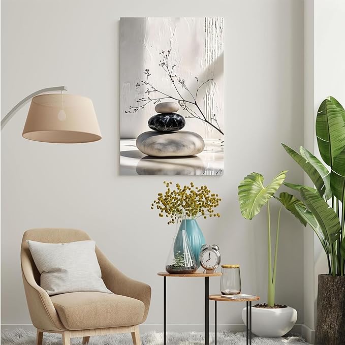 Gray and black stone pile and dried flowers poster canvas wall art in harmony Minimalist wall art for tranquil homes and mindful spaces 20x30in Wood Framed