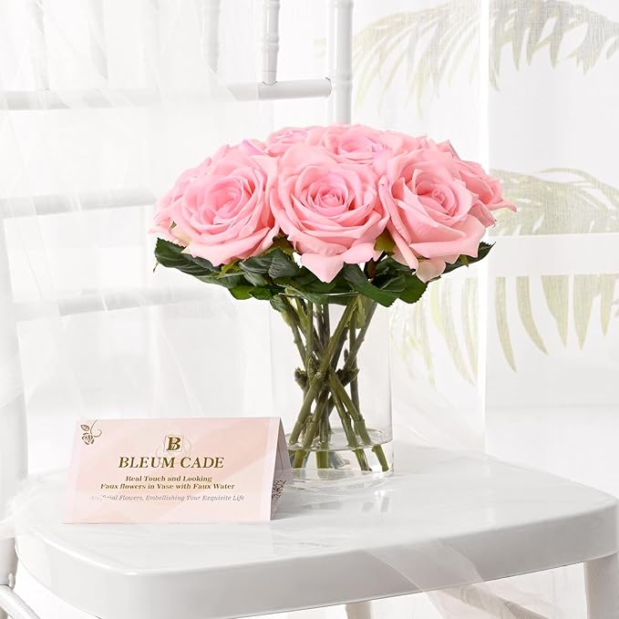 BLEUM CADE Luxury PU Fake Flowers in Vase with Faux Water, Pink Real Touch Roses Artificial Flowers with Glass Vase for Office Home Dining Room Centerpiece Table Decorations