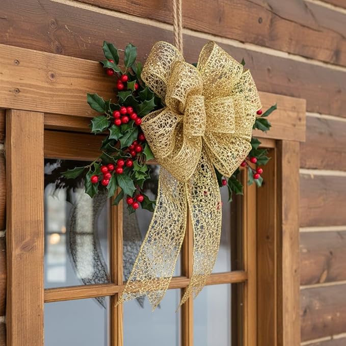 CT CRAFT LLC Sparkling Glitter Mesh Wired Ribbon 2.5" x 10 Yards Gold for Christmas Home Decor Bow Gift Wrapping DIY Crafts Wreath