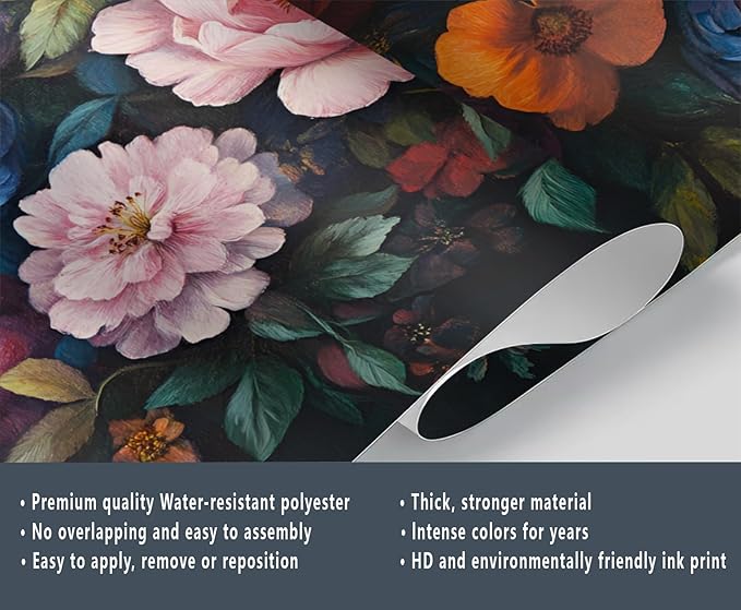 Vintage Peony Floral Wall Mural, Oil Painting Dutch Flower 3D Wall Murals, Romantic Dark Botanical Wallpaper Mural, for Living Room Bedroom Large Wallpaper Indoor Decor 169.3" W x118.2 H