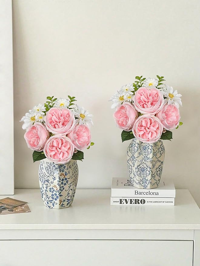 Peonies Artificial Flowers 22PCS Faux Pink Flowers Artificial Realistic Peony and Daisies Silk Flower Arrangements 14.5" Fake Flowers for Vase Centerpiece Wedding Party Home Decor DIY Bridal Bouquet