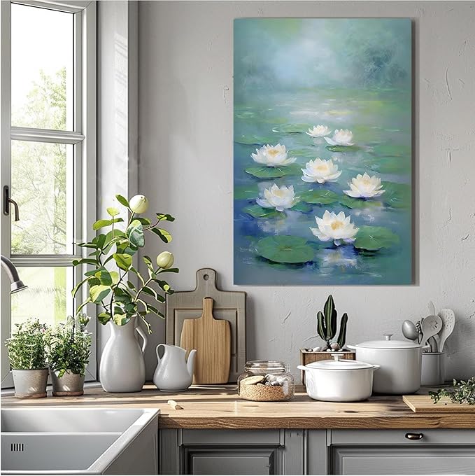 Zen wall art Delicate white lotus flower floating on calm water Vintage oil painting print Serene aquatic wall art creates a tranquil home decor 28x40in Frameless