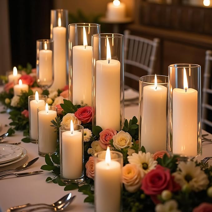 72 PCS White Pillar Candles with Glass Candle Holders Clear Hurricane Candle Holders Glass Cylinder Vases for Centerpieces Wedding Party, Event, Home Office (36 Candles+36 Candle Hoders)