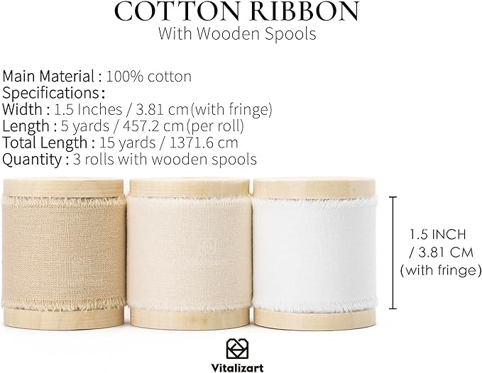 Vitalizart 100% Cotton Ribbon 1-1/2" x 15 Yd Nude Beige White Handmade Frayed Fringe Fabric Ribbons for Gift Wrapping Wedding Invites Bridal Shower Bouquets Christmas Decorations