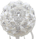 Handmade Brooch Wedding Flowers Bridal Bouquets Crystal Bride Holding Bouquet White Ivory Satin Roses with Diamond Pearl Ribbon (Luxury-White)