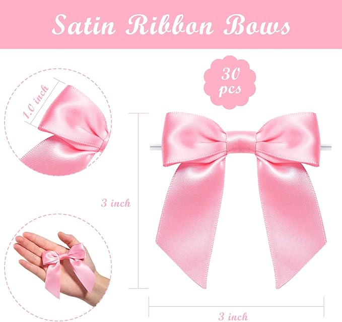 WRAPAHOLIC 30 Pcs 3" Pink Satin Ribbon Bows with Twist Tie - Pretied Premade Craft Bows for Christmas Party Crafts Treat Bags Gift Wrapping Wedding Baby Shower Birthday