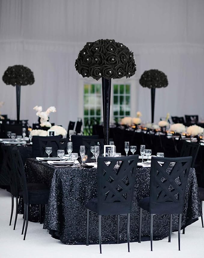 IPOPU 100pcs Black Rose Artificial Flower Heads Bulk with Crystal 3in Real Looking Foam Fake Roses Faux Flowers for DIY Craft Wedding Bouquets Arrangements Party Table Home Decorations(Black)