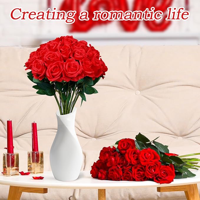 30pcs Fake Roses Artificial Silk Flowers Long Stems Bouquet for Wedding Bridal Shower Party Home Decoration (Red)