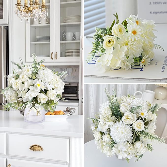 ASTRYAS White Artificial Flowers, 4Pcs Fake Rose Silk Chrysanthemum Ball Hydrangea Daisy for Decoration Faux Floral Arrangements for Wedding Party Home Decor Indoor(White)