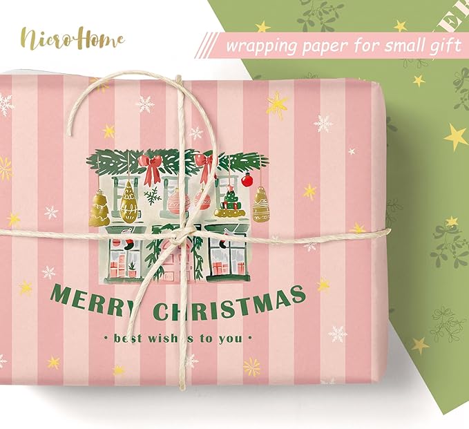 NICROHOME EUR 24 Sheets Christmas Tissue Paper, Sage Green Pink Tissue Wrapping Paper with Christmas Tree House Snowman Socks Pattern, Small Gifts Wrapping Paper for Xmas Crafts Gifts (15 X 20 Inch)