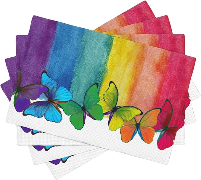 Rainbow Butterfly Placemats Set of 4,Colorful Butterfly Kids Girls Birthday Party Decor Washable for Kitchen Dining Table Heat Resistant Decorative Colth Table Mats 4 PCS, Style-2