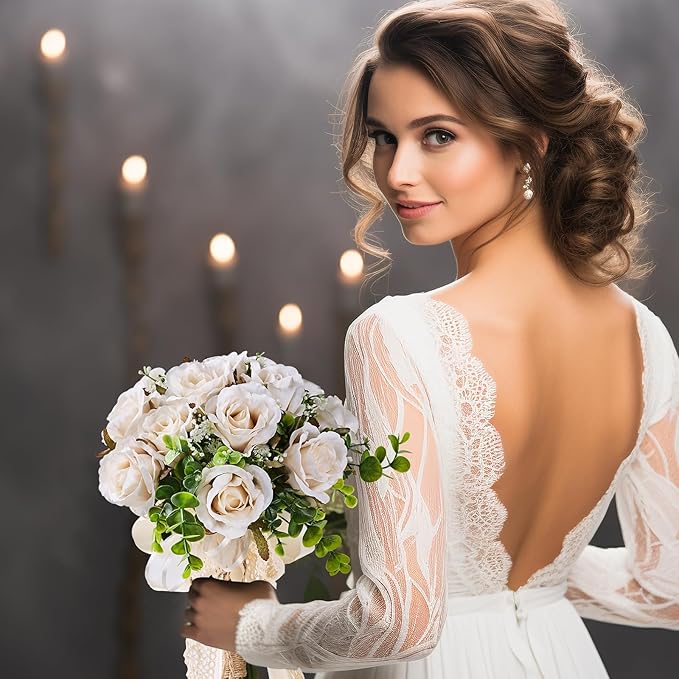 Wedding Bouquets Large for Bride, Wedding Silk Artificial Flowers 14pcs White Champagne Roses 10 in Fake Flowers for Wedding Party, Ceremony, Anniversary & Home Decor(Come with 4 kinds of Ribbons)