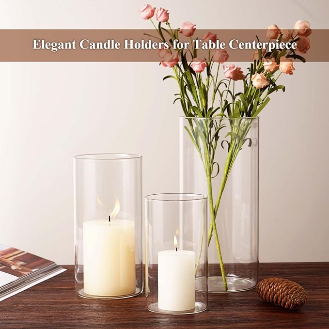 Hurricane Glass Candle Holder Clear Cylinder Vases, Pillar Candle Holders For Floating Candles Table Centerpiece Modern Glass Vases For Weeding Centerpieces Decoration Party Home Decor (3 Sets, S+M+L)