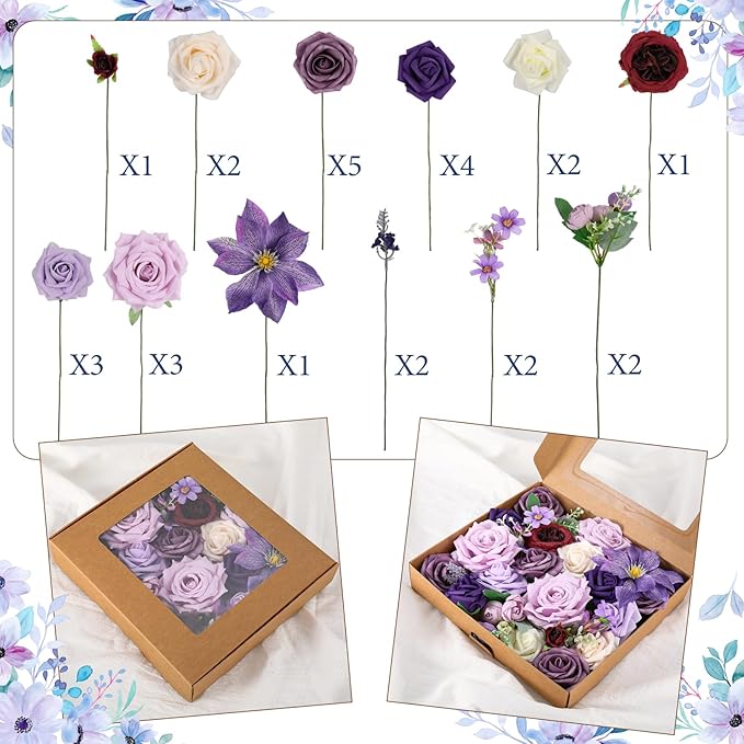 Jspupifip Purple Artificial Silk Flowers Combo Box Set, Fake Roses Daisy Flowers Arrangement Bouquets for DIY Wedding Flower Centerpiece Baby Shower Floral Home Decor