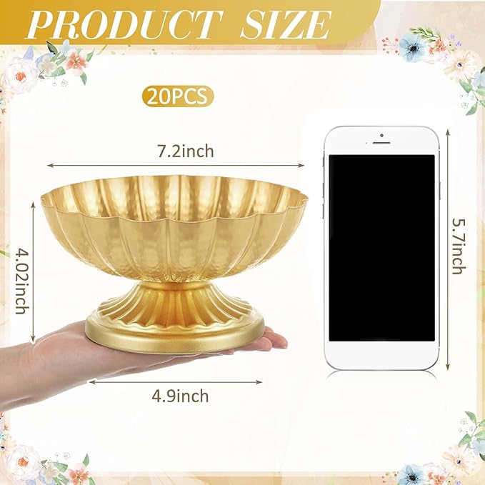 20 Pcs Metal Compote Bowl for Centerpiece Flower Holder Small Compote Vase Indoor Outdoor Flowers Fruits Plant for Christmas Wedding Home Party Decoration (Medium,Bright Gold)