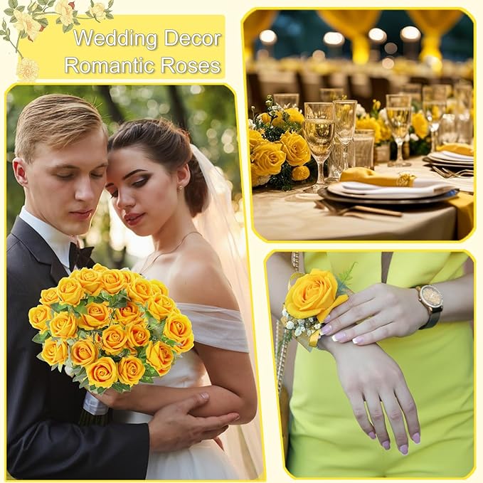 12Pcs Yellow Roses Artificial Flowers Fake Roses Faux Velvet Silk Flower for Home Wedding Decoration (Pearl Rose, Yellow)