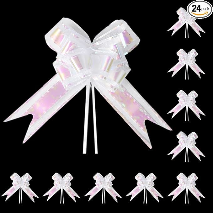 24PCS Crisp White Pull Bows for Gift Wrapping, 6" Large Pre-Tied Decorative Bows for Christmas, Wedding, Birthday, Party Decors, Reusable Instant Floral Decors for Gifts, Bouquets, Baskets