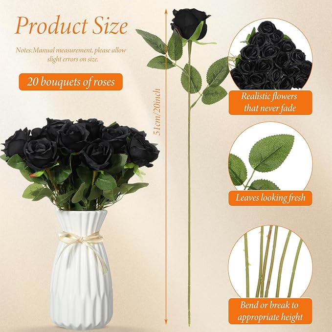 Hotop 20 Pcs Artificial Rose Flowers with Long Stem,Real Touch Silk Realistic Plastic Bouquet Roses Bulk for Home Decor Bridal Wedding Party Table Centerpieces Decorations(Black)