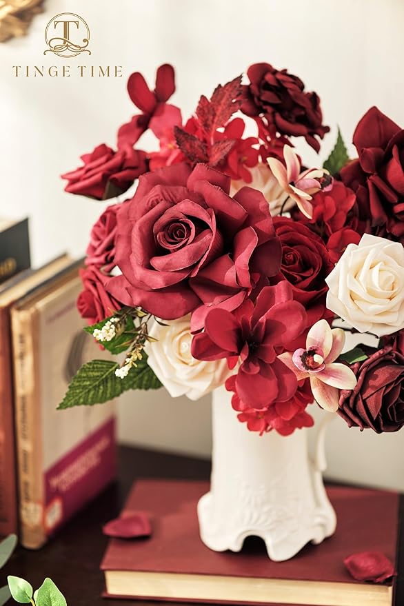 TINGE TIME Artificial Flowers Combo Mix Silk Flowers Red Roses w/stem for DIY Wedding Bridal Bouquets Baby Shower Floral Arrangement Table Centerpieces Home Decorations (Burgundy)