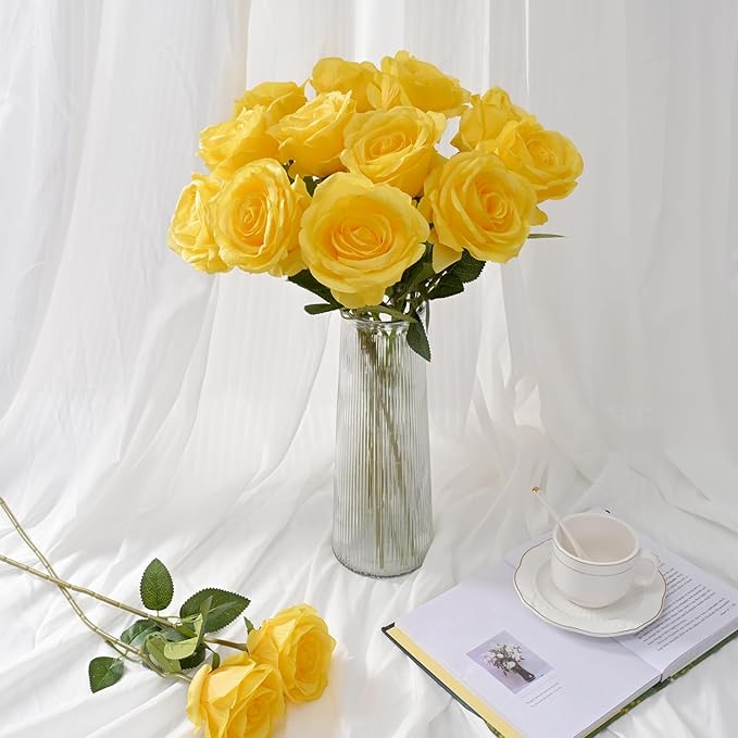 Waipfaru 16 Pcs Mothers Day Fake Roses, Silk Yellow Roses Artificial Flowers with Long Stems for Valentines Day Wedding Bouquet Vase, Cemetery Flowers for Grave (Yellow)