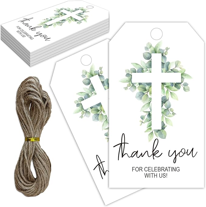 Thank You for Celebrating with Us Tag, 50 Pcs Baptism Lables, 2x3 Inch Baptism Gift Tags with String for Wedding Birthday Baby Shower Bridal Shower, Party Decoration, Cross Eucalyptus-A03