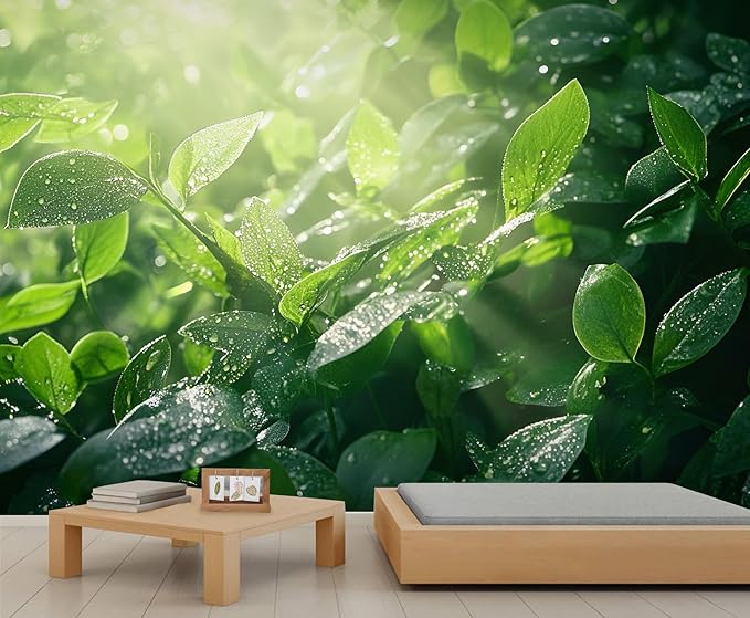 Dewdrops Green Leaf Wall Mural, Botanical Forest Sunlight 3D Wall Murals, Refreshing Nature Wallpaper Mural, for Living Room Bedroom Large Wallpaper Indoor Decor 59" W x39.4 H