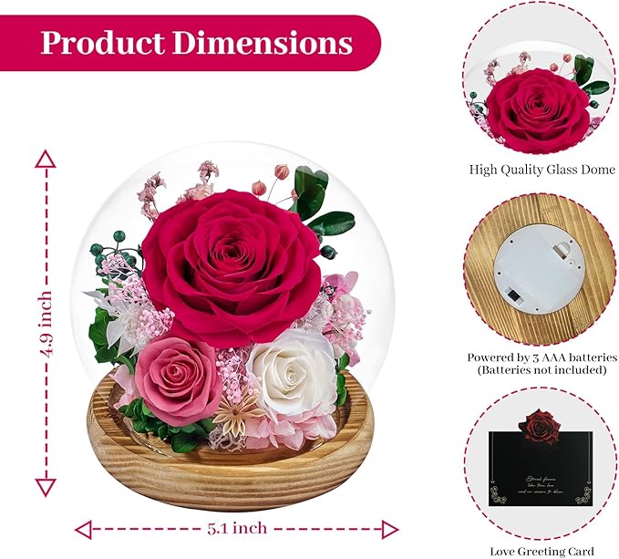 Preserved Roses Forever Flowers in Glass - Birthday Gifts for Women Mom, Real Flowers for Delivery Prime | Rose Gift for Grandma Wife Sister Friend (Mix Fuchsia)