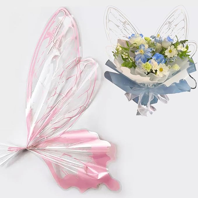 LLBWKC 20 Sets Butterfly Flower Wrapping Paper, Waterproof Butterfly Flower Bouquet Wrapping Paper, OPP Clear Floral Wraps for Florist Supplies, Gift Packaging, DIY Craft 20x22 in (Pink)