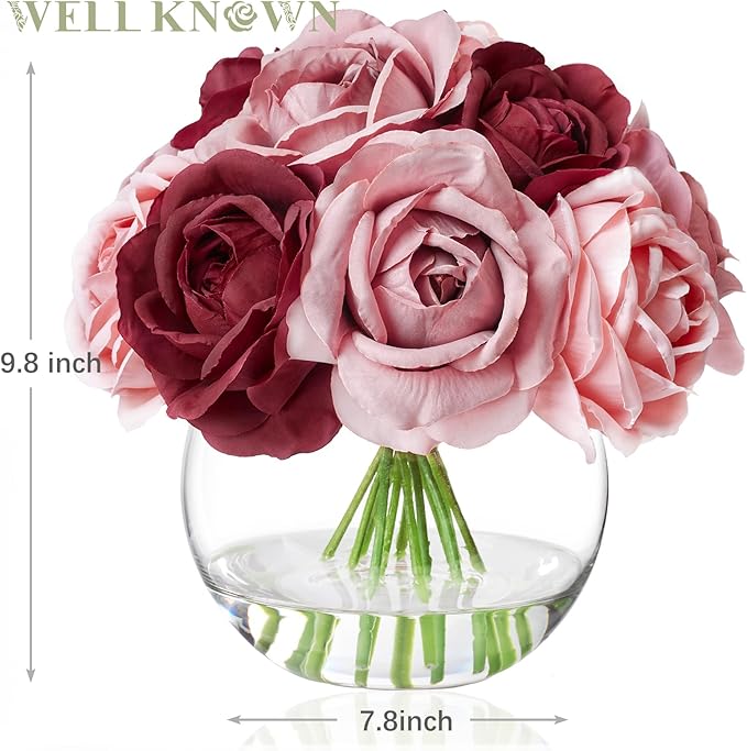 WELL KNOWN Silk Rose Artificial Flowers with Vase Artificial Rose Flower Arrangements in Round Bowl Vase with Faux Water for Home Table Decoration (Burgundy & Dusty Rose)
