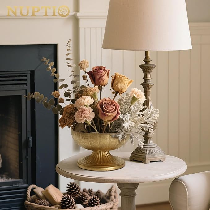 NUPTIO Distressed Gold Vases for Centerpieces: Rustic Brass Compote Vases for Flowers - Metal Pedestal Bowl Decor for Wedding Table Home Set of 2