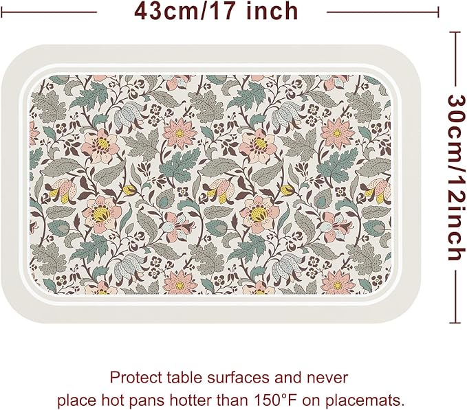 ISAENNE French Floral Rectangle PVC Placemats Set of 6, Waterproof and Heat-Resistant Place Mat,Decoration for Kitchen, Dining, Party,Holiday, New Year,12"*17"
