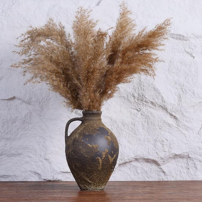 Wabi Sabi Decor Rustic Vase with Handle, Distressed Farmhouse Vase for Home Decor, Vintage Pottery Terracotta Vases for Home Decor, Living Room, Kitchen, Bedroom, Shelf, and Table Centerpiece